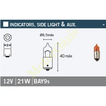 Izzó 12V 21W BAY9s sárga