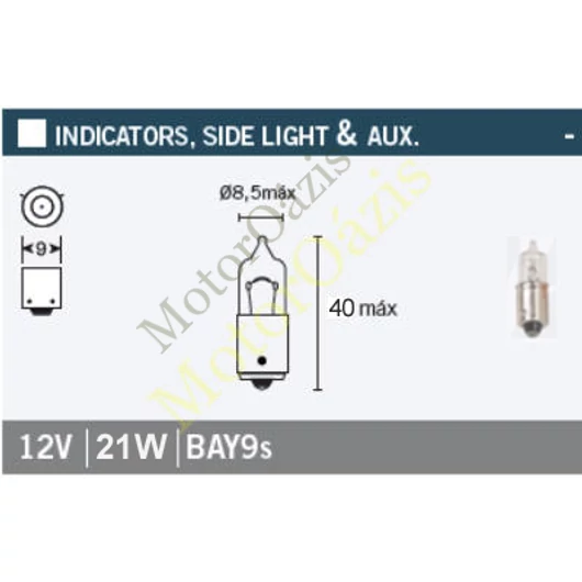 Izzó 12V 21W BAY9s